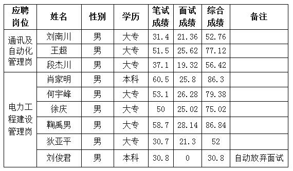 四川能投宜賓電力有限公司2016年第一批員工招聘考試成績公示