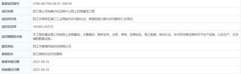 總投資超18億，陽江海上風(fēng)電集約化運(yùn)維中心陸上運(yùn)維基地工程備案通過
