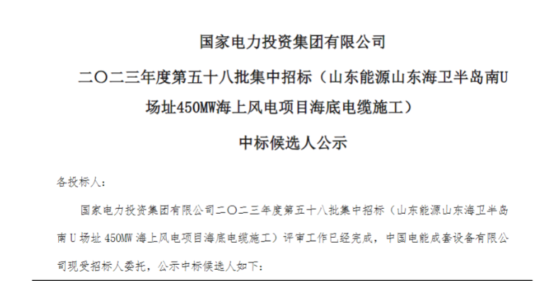 國家電投450MW海上風(fēng)電項(xiàng)目海底電纜施工中標(biāo)候選人公示